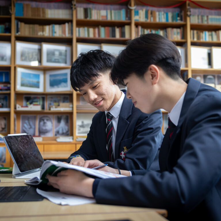 Two school boys working in a library