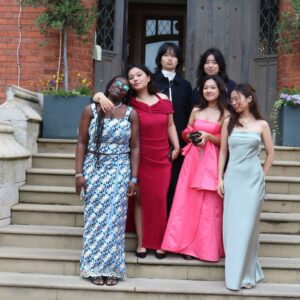 Group of girls in prom dresses on steps