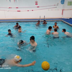 Boys playing water polo in swimming pool