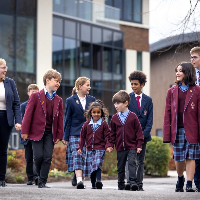 Group of school students of different ages walking