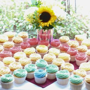 Colourful cupcakes in front of sunflower